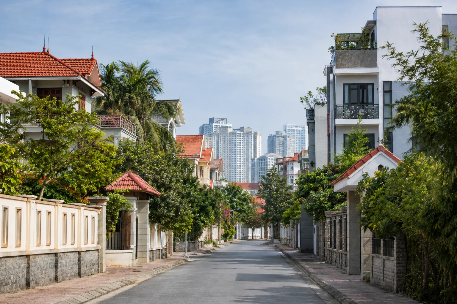Begrünte Wohnstraße in Hoài Đức mit roten Ziegeldächern und modernen Wohngebäuden in der Ferne