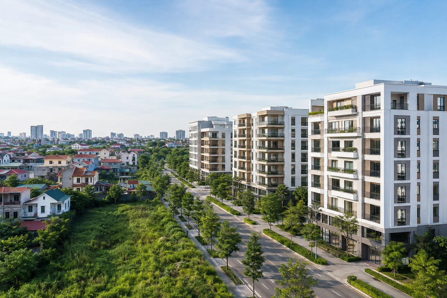 Neues begrüntes Wohnquartier in Hoài Đức mit Apartmenthäusern und kleineren Wohnhäusern